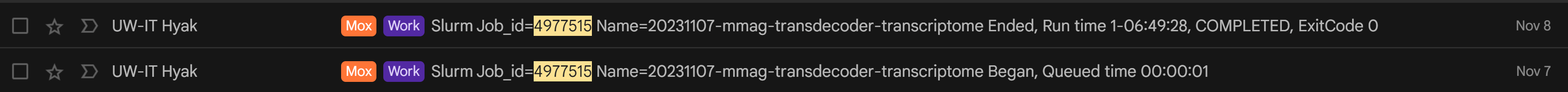 TransDecoder runtime for M.magister transcriptome assembly of 1 day, 6hrs 49mins, and 28secs