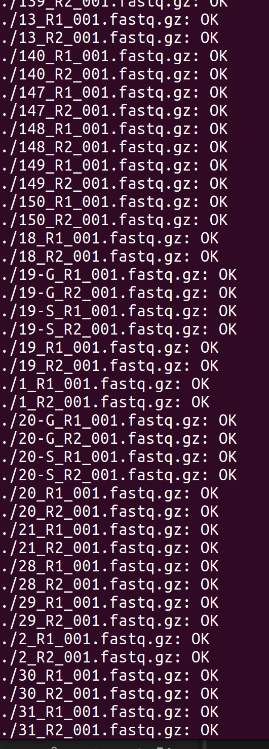 Screenshot showing MD5 checksum verification of FastQ files.