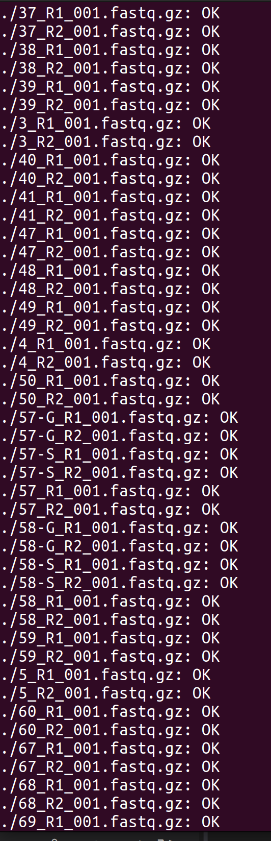 Screenshot showing MD5 checksum verification of FastQ files.