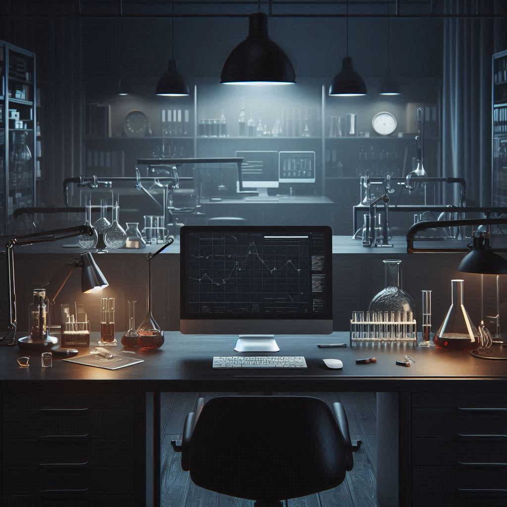 Empty chair with computer on a desk, surrouned by test tubes and beakers in a lab.