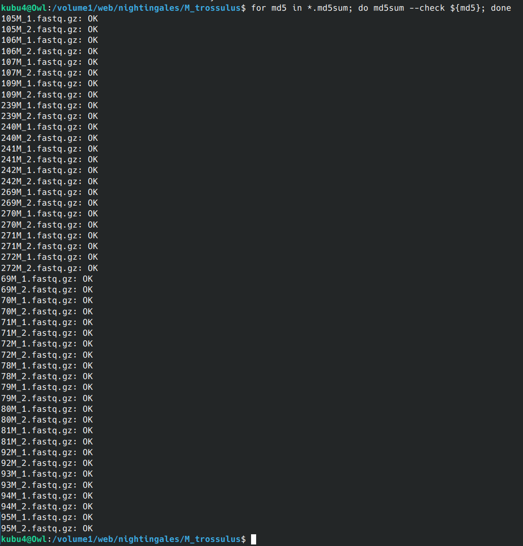 Screenshot showing successful MD5 checksum verifications.