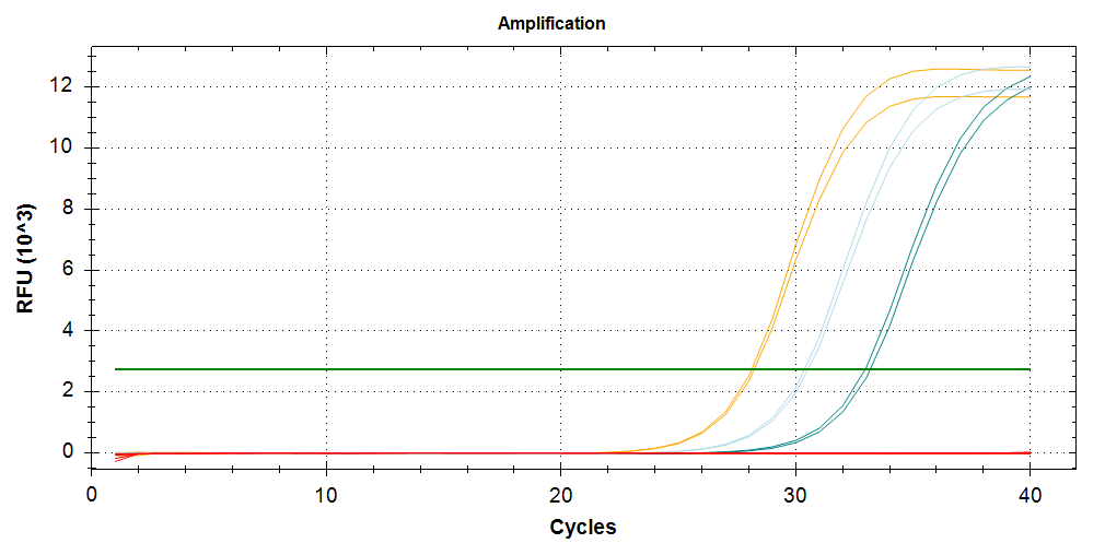 qPCR amplification plots. AOX (SR IDs 1844/5) is shown in gold. AOX vX2 (SR IDs 1846/7) is shown in light blue. AOX vX1 (SR IDS 1848/9) is shown in dark blue. No amplification seen in the NTCs.